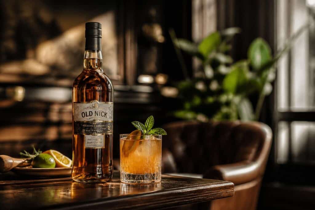 Bouteille de rhum et cocktail posés sur une table de bar