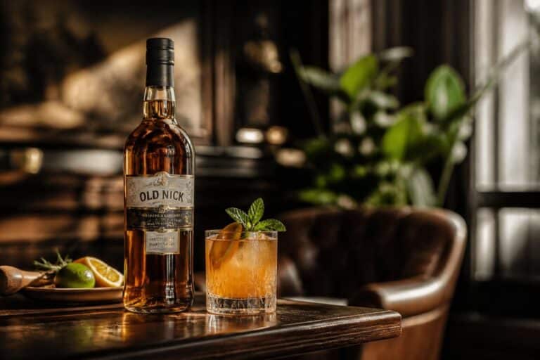 Bouteille de rhum et cocktail posés sur une table de bar