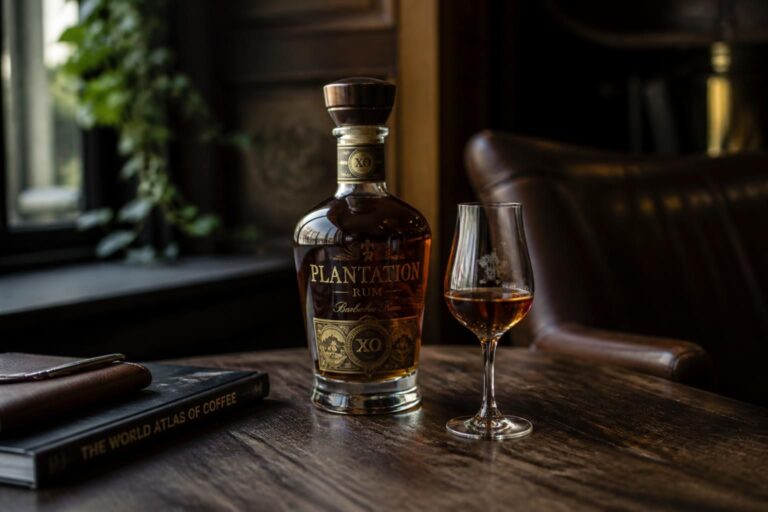 Bouteille de rhum et verre de dégustation sur une table en bois