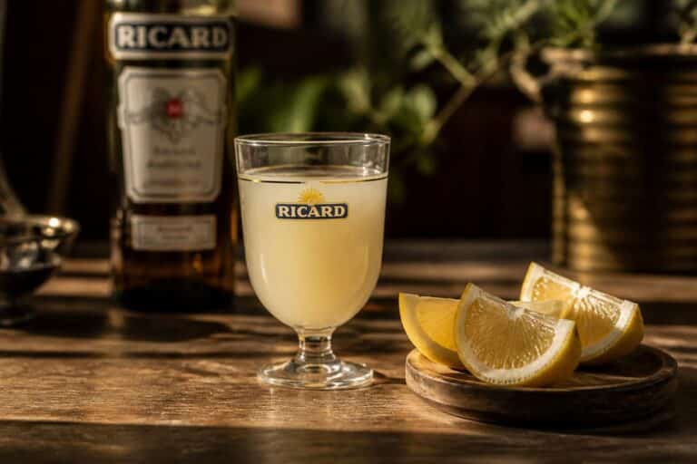 Verre de Ricard citron avec bouteille et quartiers de citron