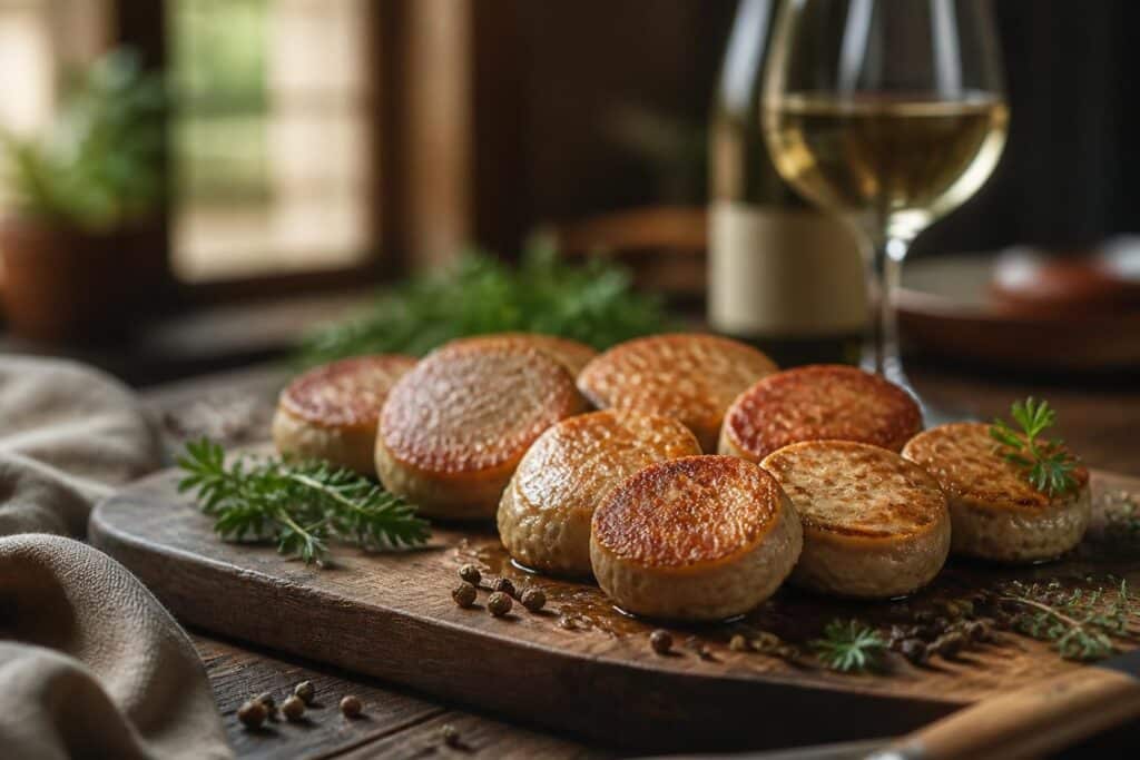 Rondelles de boudin blanc sur une planche avec un verre de vin