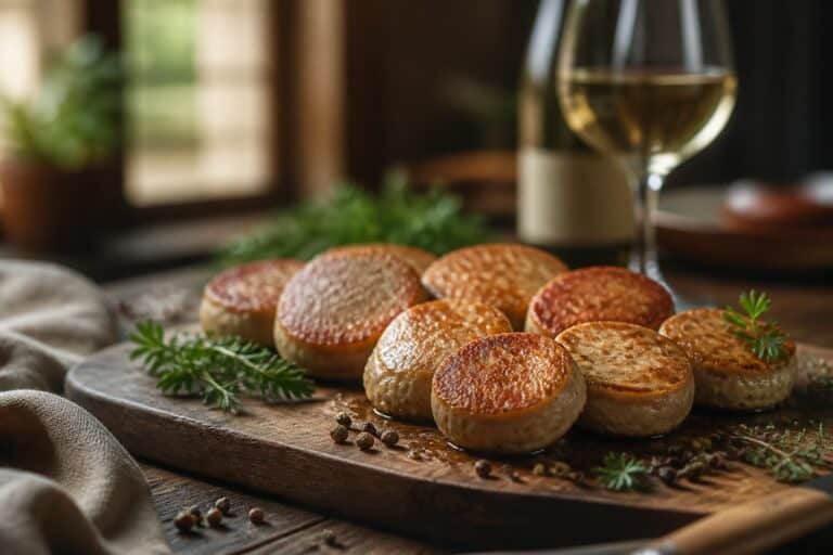 Rondelles de boudin blanc sur une planche avec un verre de vin