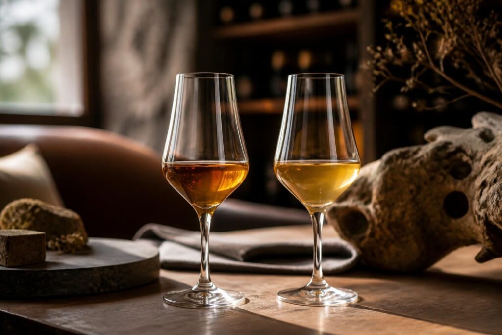 Deux verres de vin ambré posés près d’un pain rustique