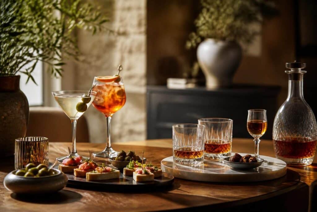 Cocktails et verres d’alcool servis avec des amuse-bouches sur une table en bois