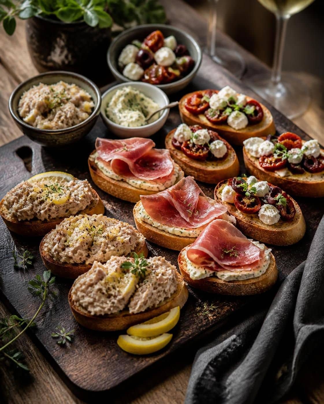 Assortiment de tartines garnies de jambon, tomates, fromage et rillettes sur une planche