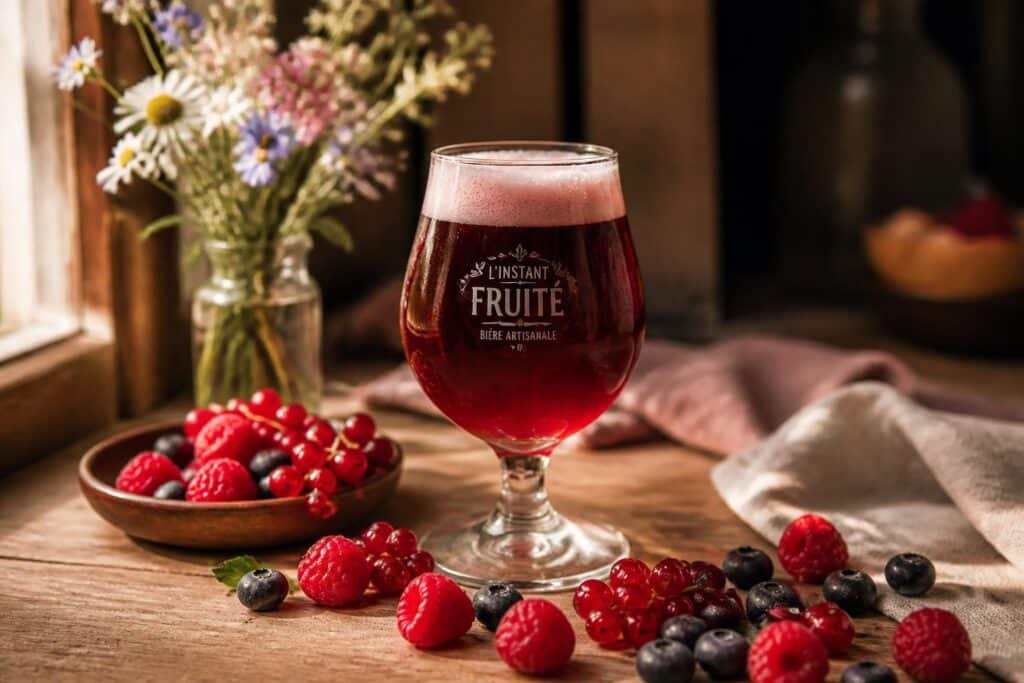 Verre de bière rouge entouré de framboises, myrtilles et groseilles