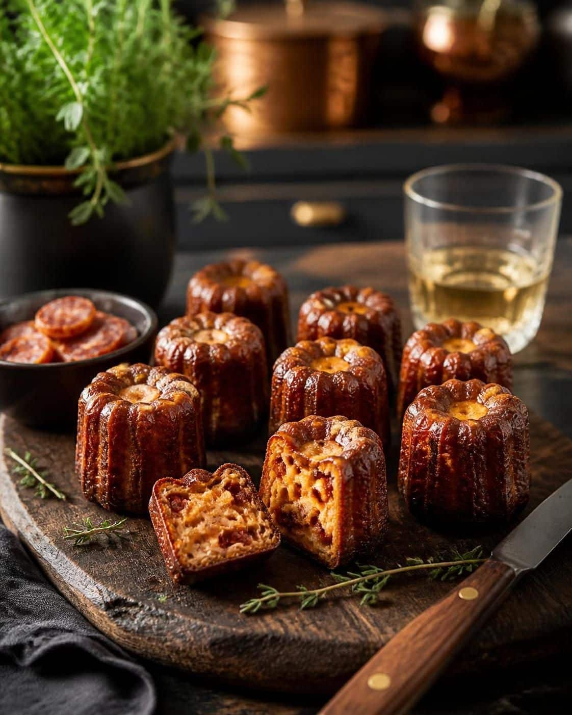 Petits cannelés au chorizo sur une planche, dont un coupé en deux