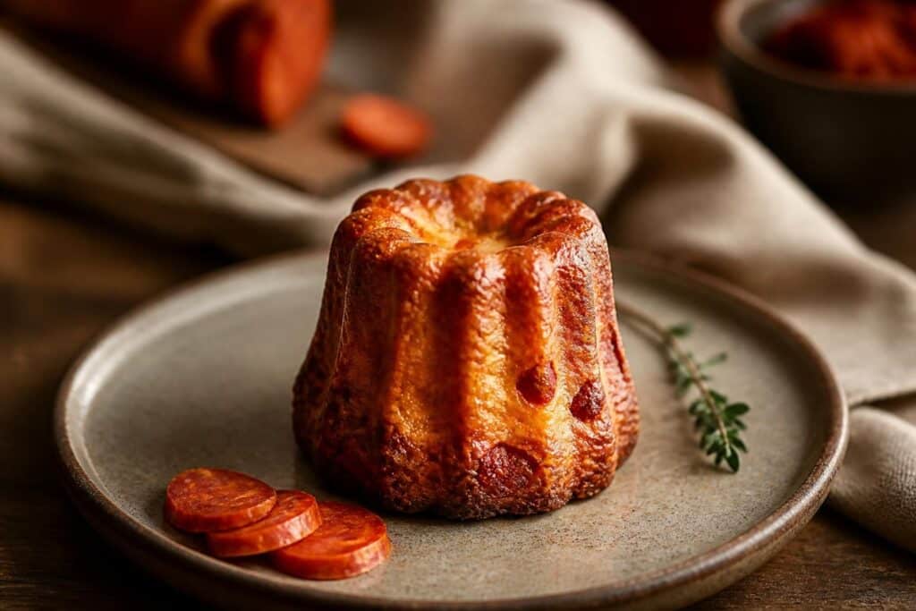 Cannelé doré sur une assiette avec rondelles de chorizo