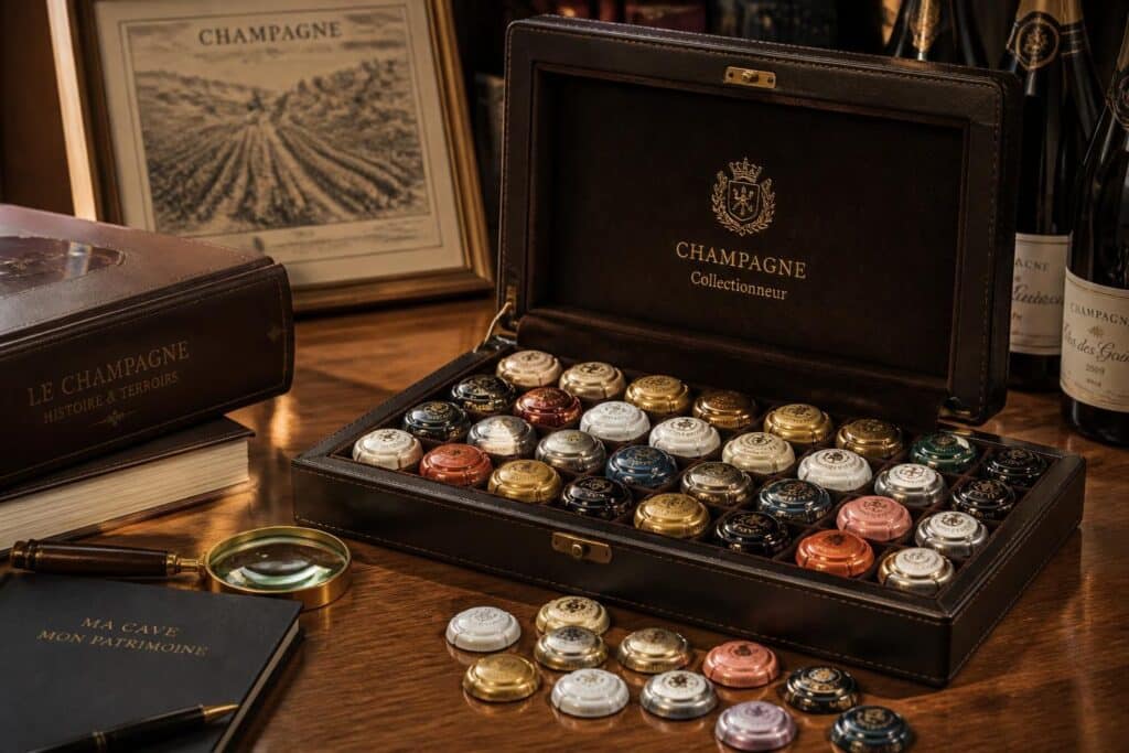 Coffret de collection rempli de capsules de champagne sur une table en bois