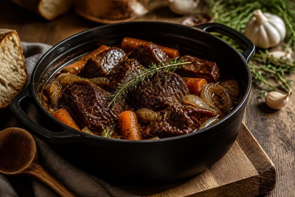 Morceaux de bœuf mijotés avec des carottes dans une cocotte noire