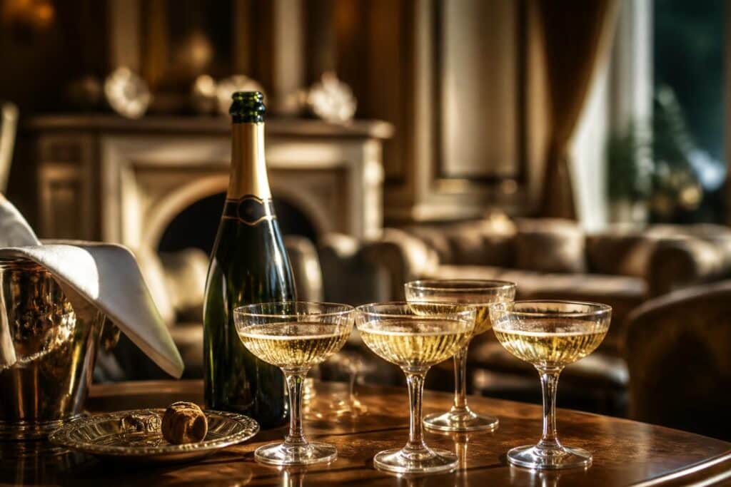 Bouteille de champagne et coupes servies dans un salon élégant