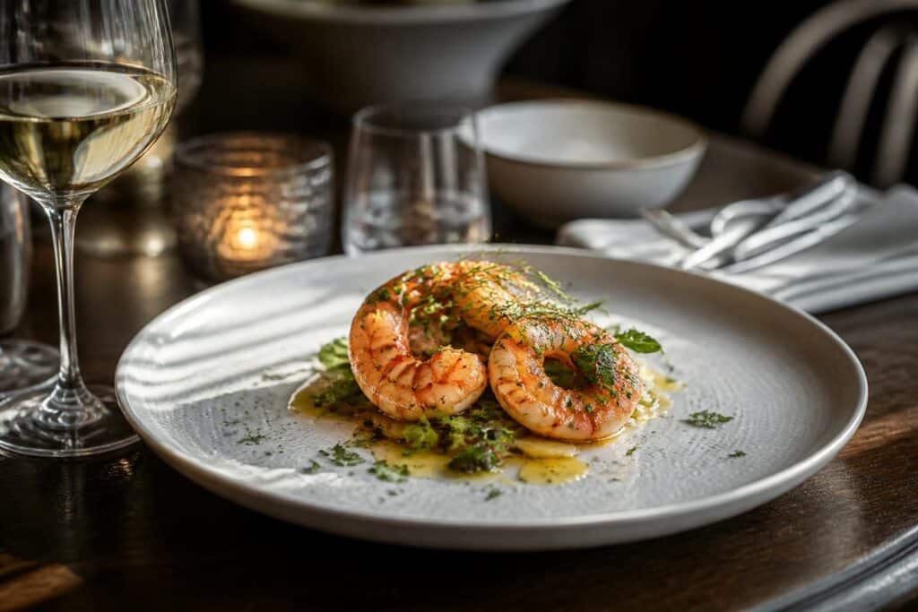 Assiette de crevettes assaisonnées servies avec sauce sur une table dressée