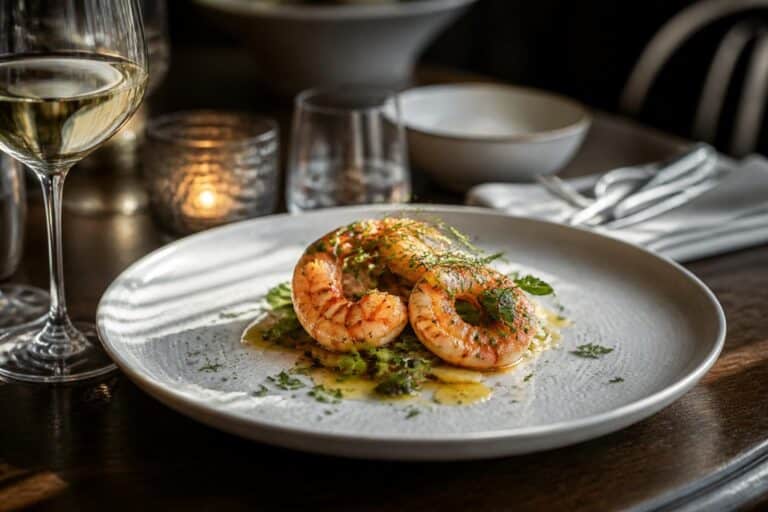 Assiette de crevettes assaisonnées servies avec sauce sur une table dressée