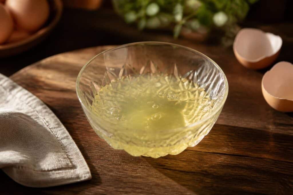 Bol de blanc d’œuf cru posé sur une table avec des coquilles