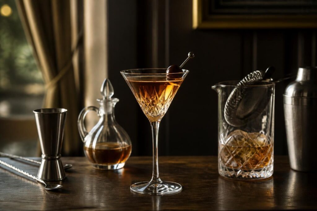 Cocktail ambré dans un verre à martini avec cerise, shaker et verre à mélange