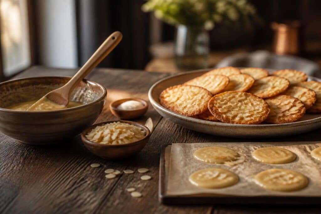 Tuiles aux amandes dorées disposées dans une assiette avec bols d’ingrédients