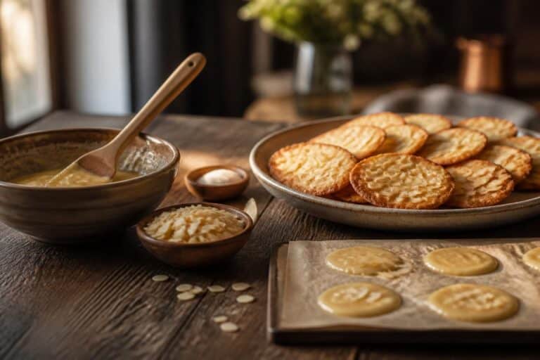 Tuiles aux amandes dorées disposées dans une assiette avec bols d’ingrédients
