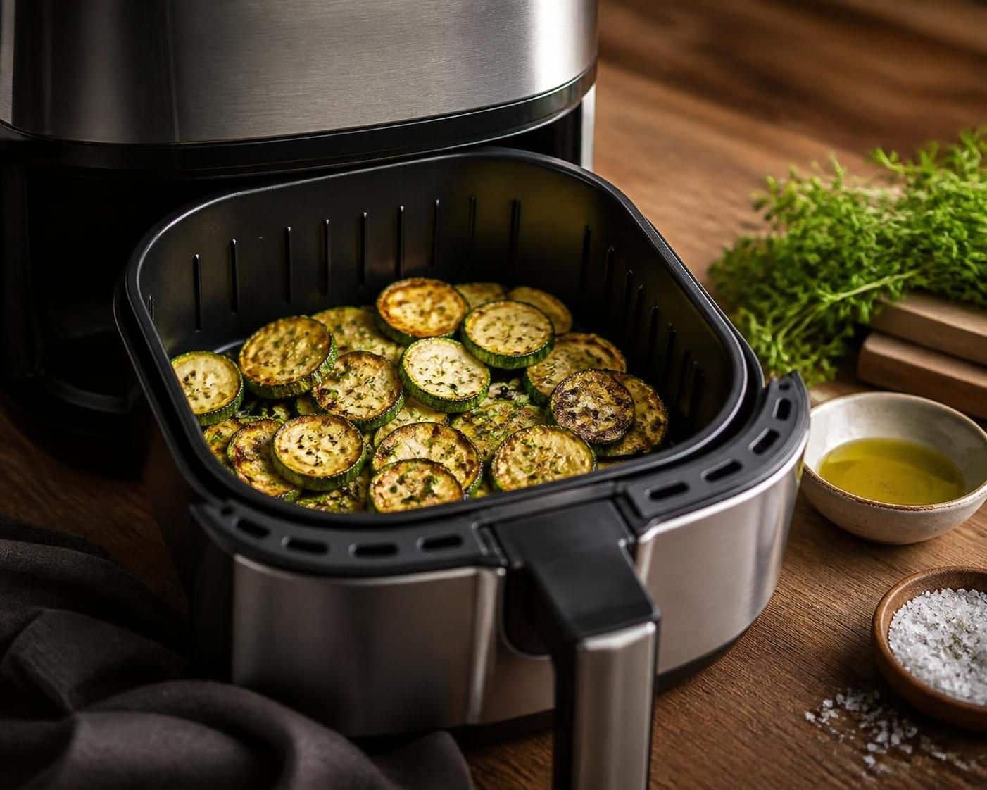 Rondelles de courgette assaisonnées dans le panier d’un air fryer