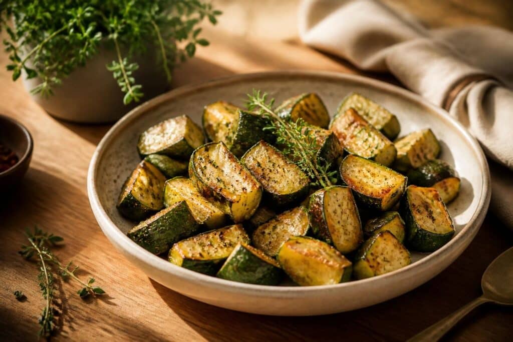 Morceaux de courgette dorés et assaisonnés dans un bol
