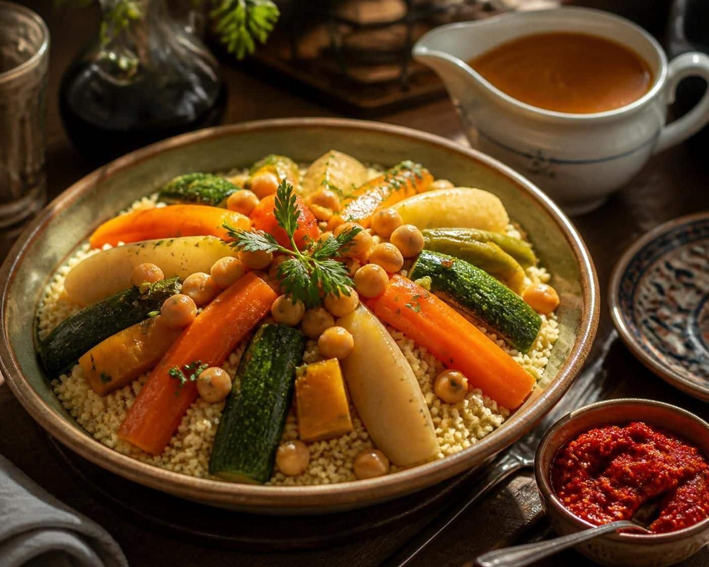 Couscous garni de pois chiches, carottes et courgettes, servi avec bouillon et sauce rouge