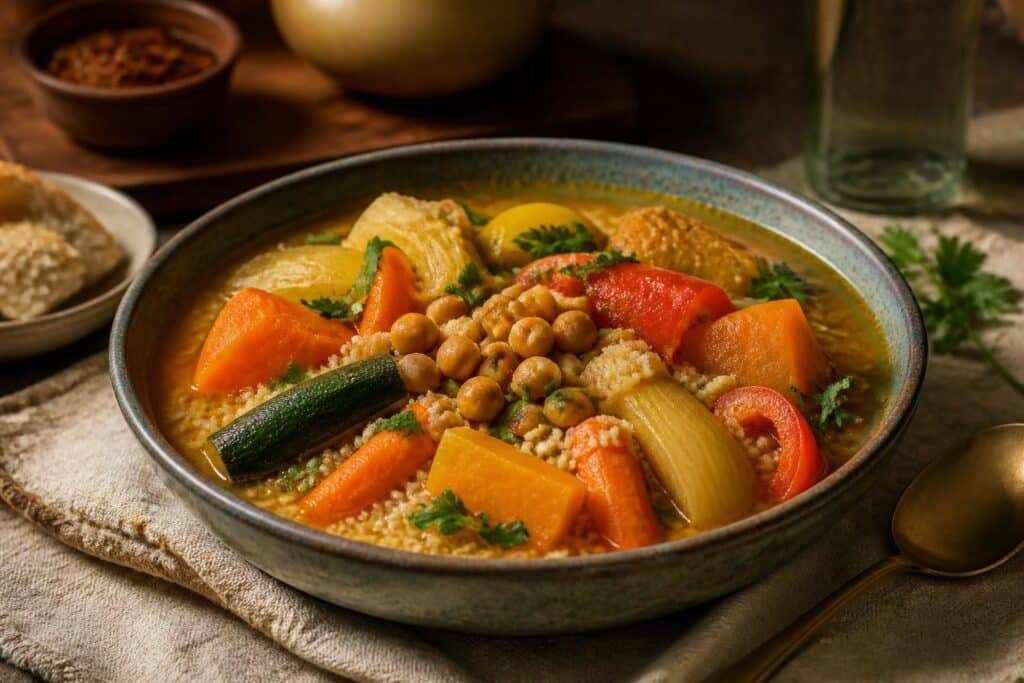Couscous aux pois chiches, carottes, courgettes et poivrons dans un plat creux