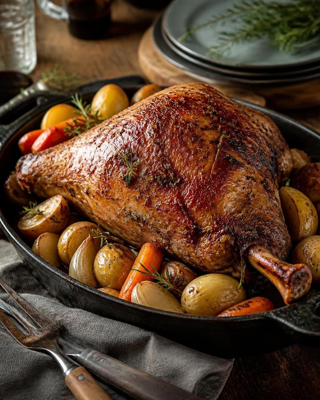 Cuisse de dinde rôtie avec pommes de terre et carottes dans une poêle