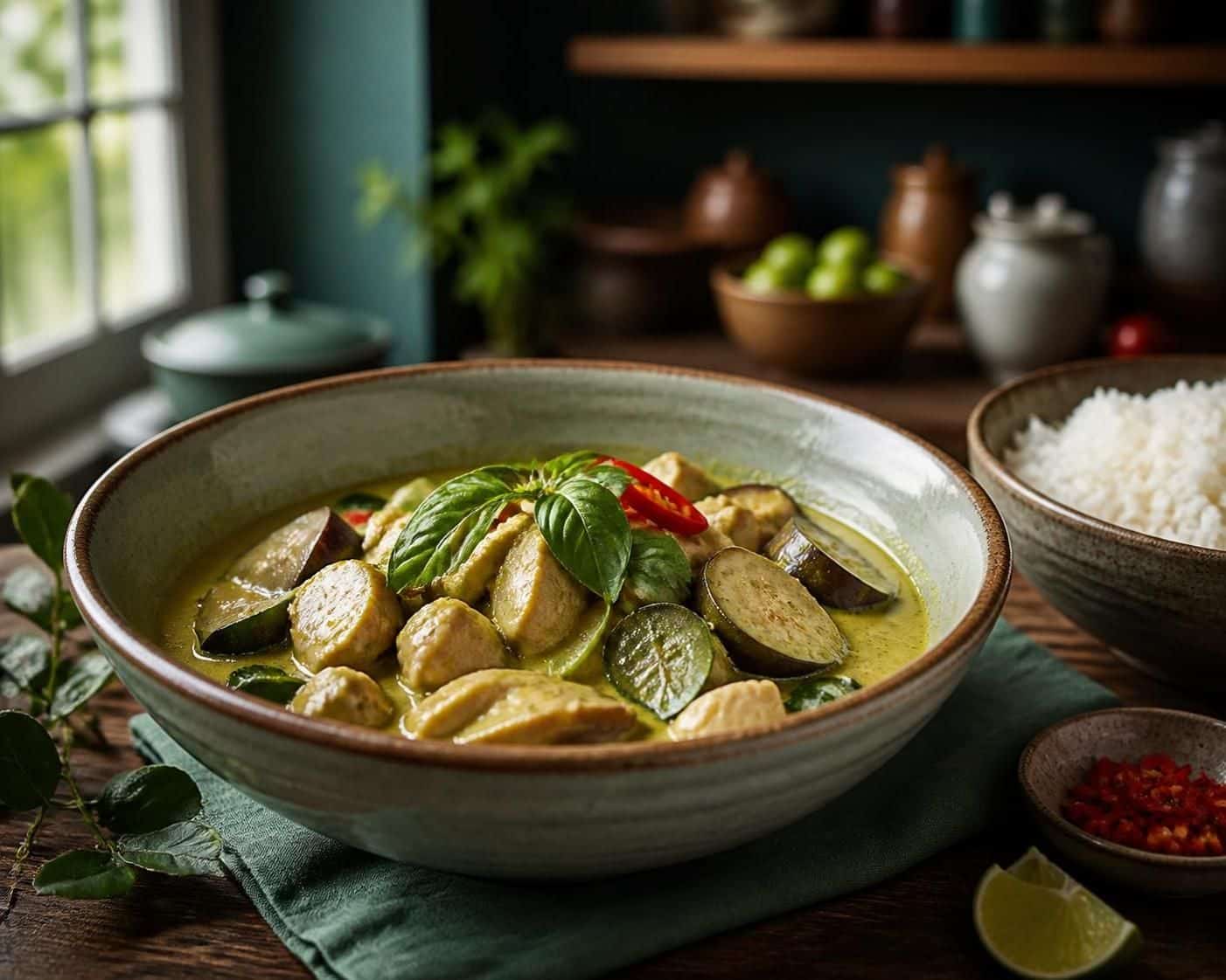 Bol de curry vert au poulet et aux aubergines servi avec du riz blanc