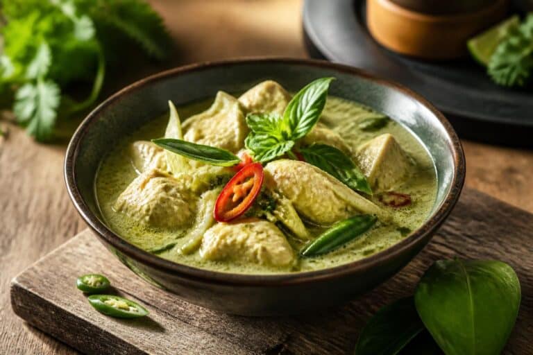 Bol de curry vert garni de morceaux de poulet, de basilic et de piments