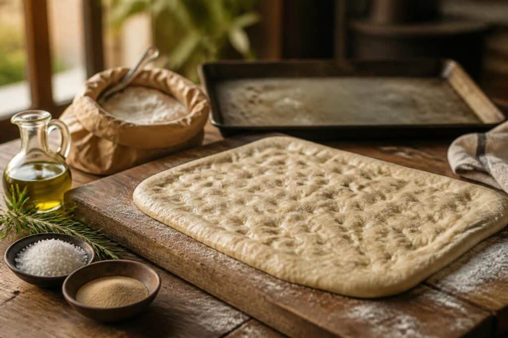 Pâte à focaccia étalée sur une planche avec farine et huile d’olive