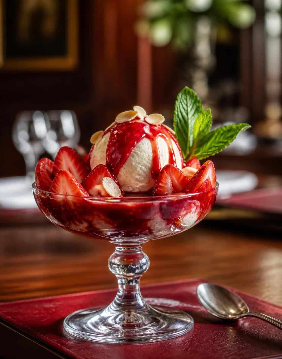 Coupe en verre garnie de glace, fraises, coulis rouge, amandes et feuilles de menthe