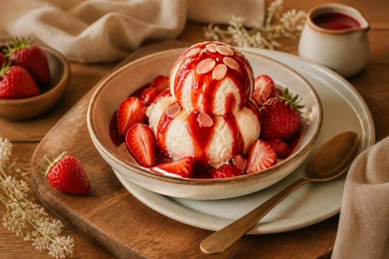 Trois boules de glace nappées de coulis rouge, entourées de fraises et d’amandes