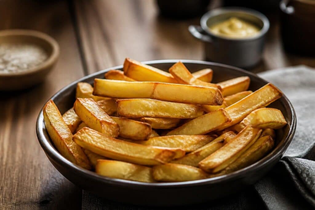Bol de frites dorées sur une table avec sauces en arrière-plan