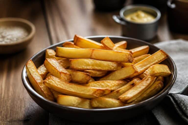 Bol de frites dorées sur une table avec sauces en arrière-plan