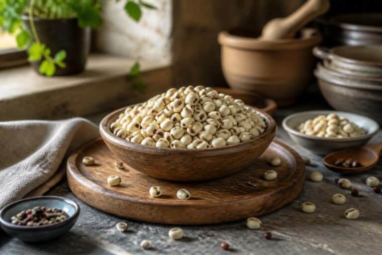 Bol de larmes de Job posé sur une planche en bois dans une cuisine rustique