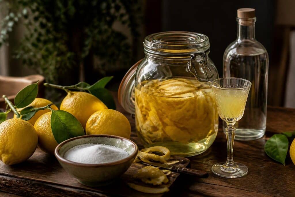 Citrons, sucre et bocal de macération pour préparer du limoncello maison