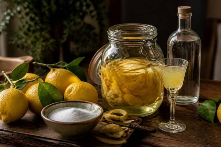 Citrons, sucre et bocal de macération pour préparer du limoncello maison