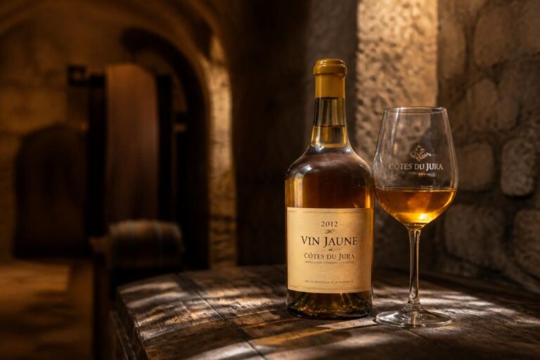 Bouteille de vin jaune et verre ambré dans une cave en pierre