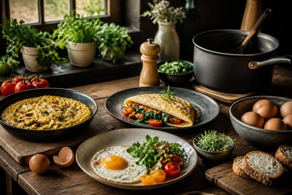 Omelette, œuf au plat et sandwich servis avec des herbes fraîches