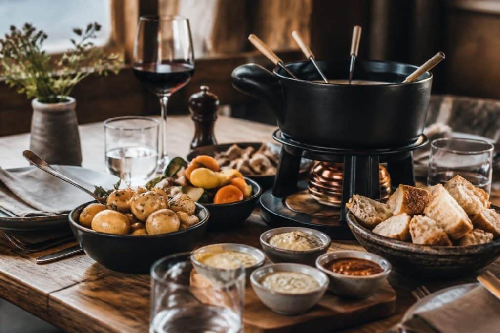 Table de fondue bourguignonne avec sauces, pain et vin rouge