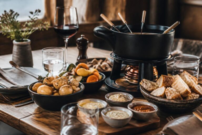 Table de fondue bourguignonne avec sauces, pain et vin rouge
