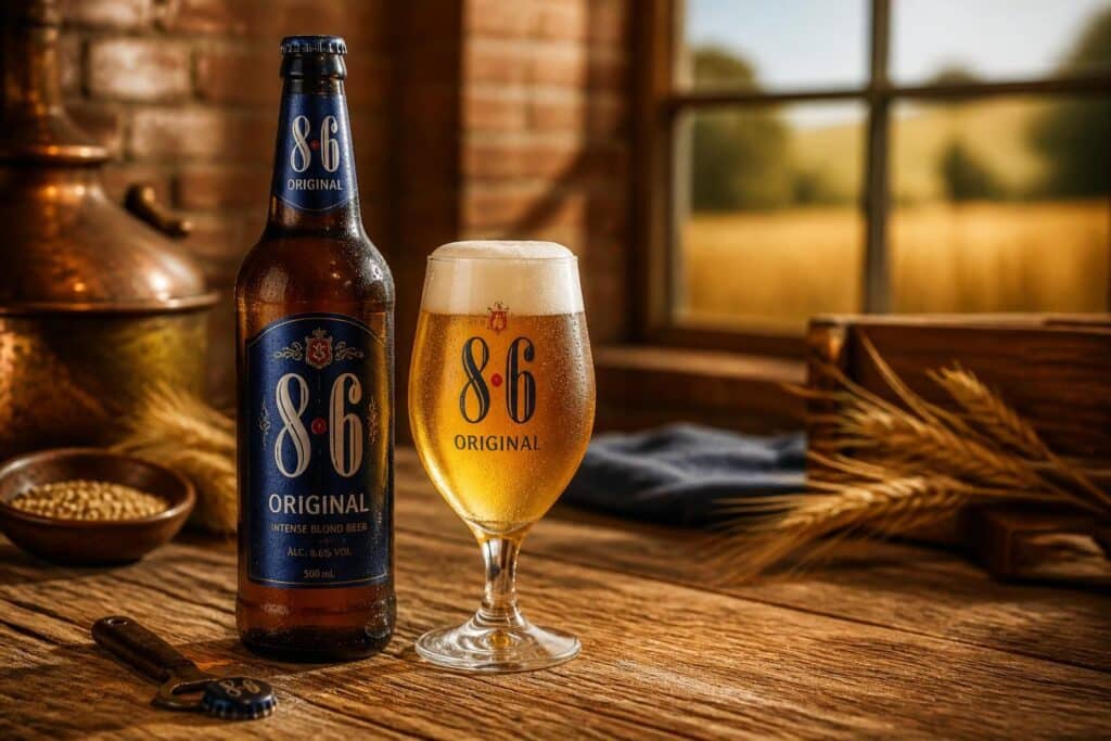 Bouteille de bière 8.6 Original et verre rempli posés sur une table en bois