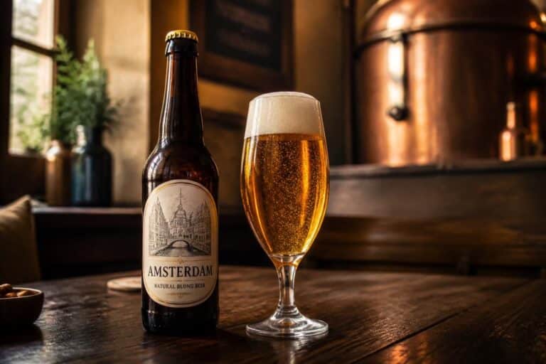 Bouteille de bière Amsterdam et verre de bière blonde posés sur une table en bois