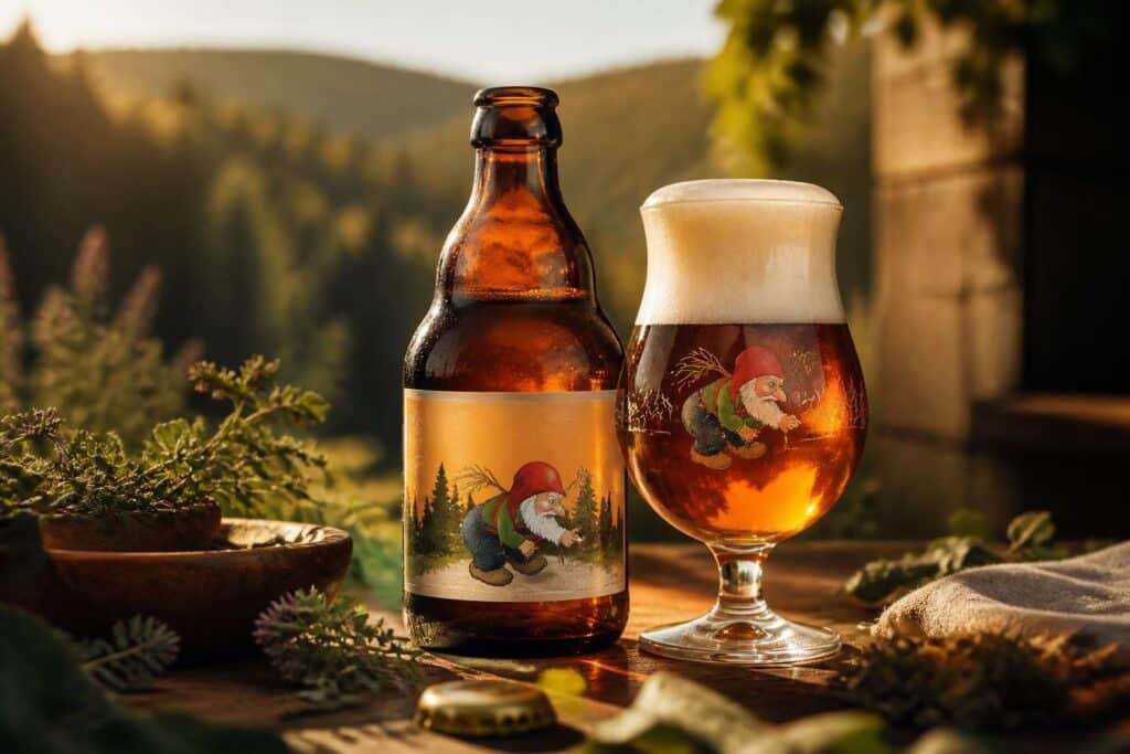 Bouteille de bière ambrée et verre mousseux sur une table en bois