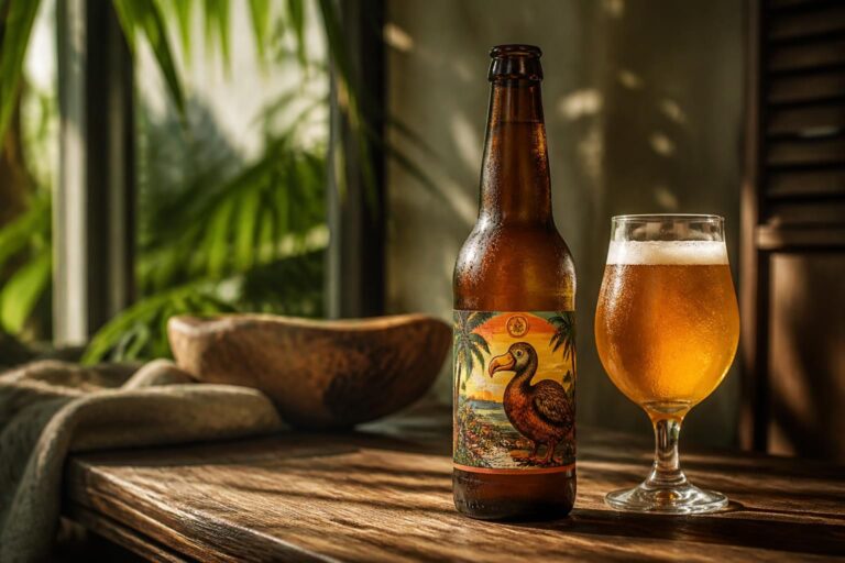 Bouteille de bière Dodo et verre de bière ambrée sur une table en bois