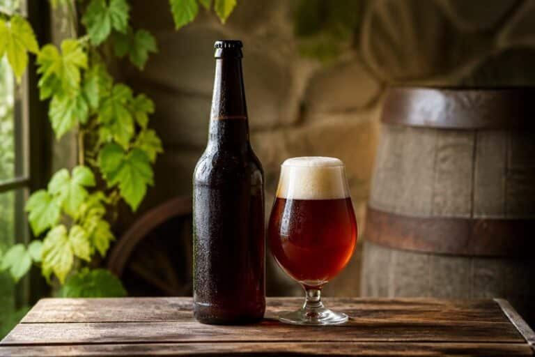 Bouteille brune et verre de bière ambrée posés sur une table en bois devant un tonneau