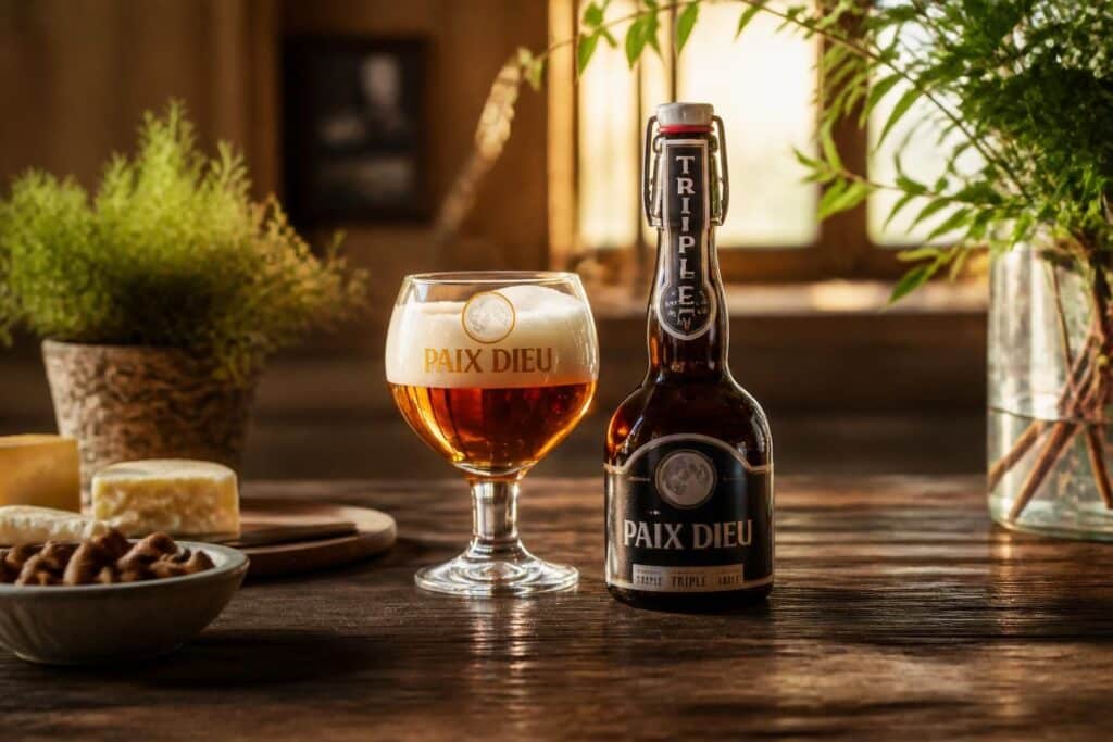 Bouteille et verre de bière Paix Dieu sur une table en bois