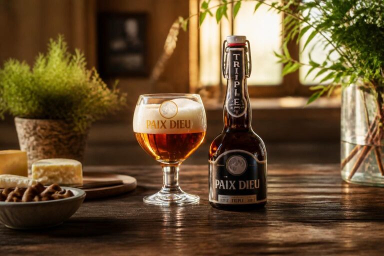 Bouteille et verre de bière Paix Dieu sur une table en bois