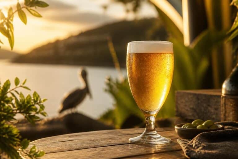 Verre de bière blonde au bord de l’eau avec un pélican en arrière-plan