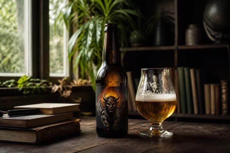 Bouteille de bière à l’étiquette sombre et verre ambré posés près d’une pile de livres