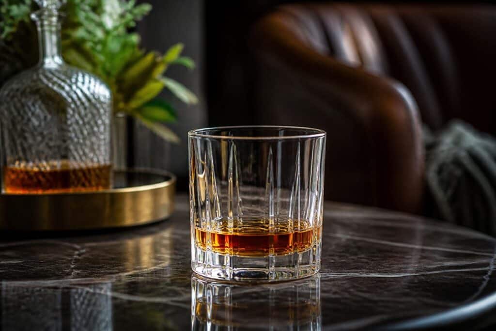 Verre de whisky ambré et carafe posés sur une table sombre près d’un fauteuil